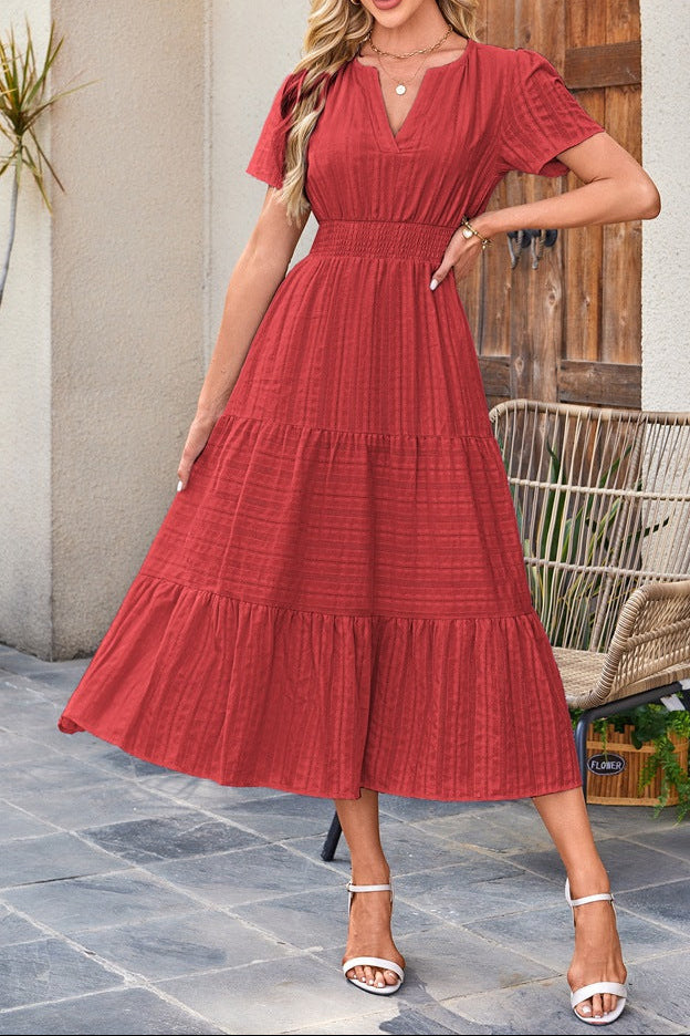 Women V Neck Ruched Puff Sleeve Swing Dress