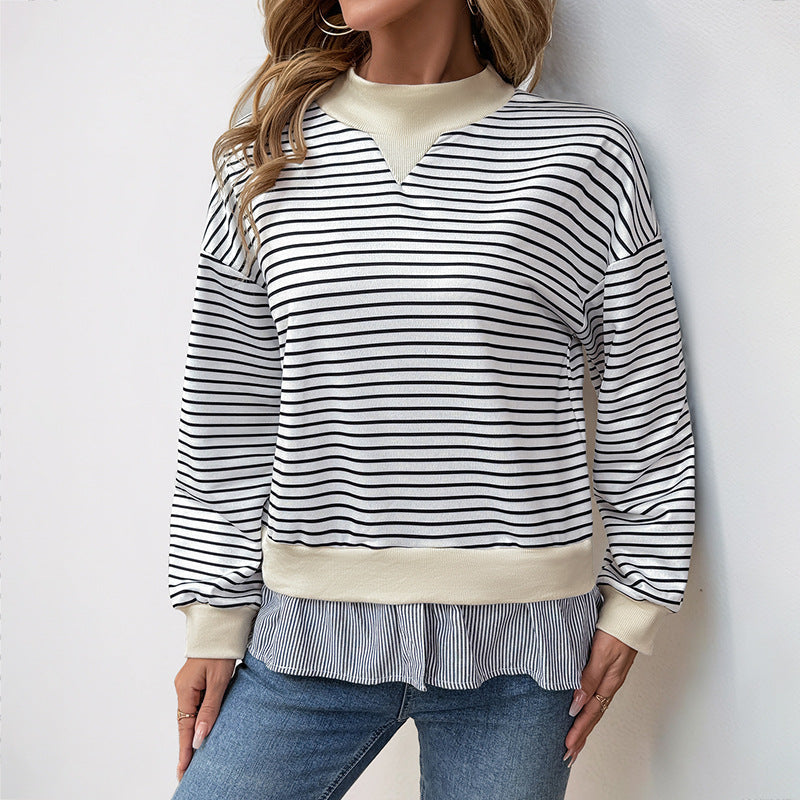 Striped Long-Sleeve Sweatshirt with Ruffled Hem