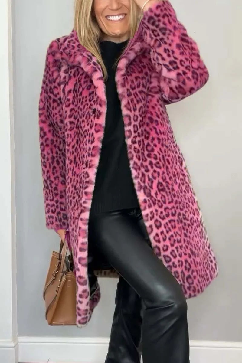 Leopard Print Plush Mid-Length Coat