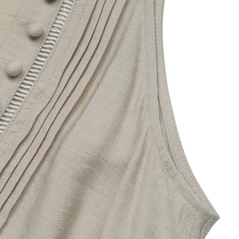 Women's V-Neck Pleated Sleeveless Pocket Dress