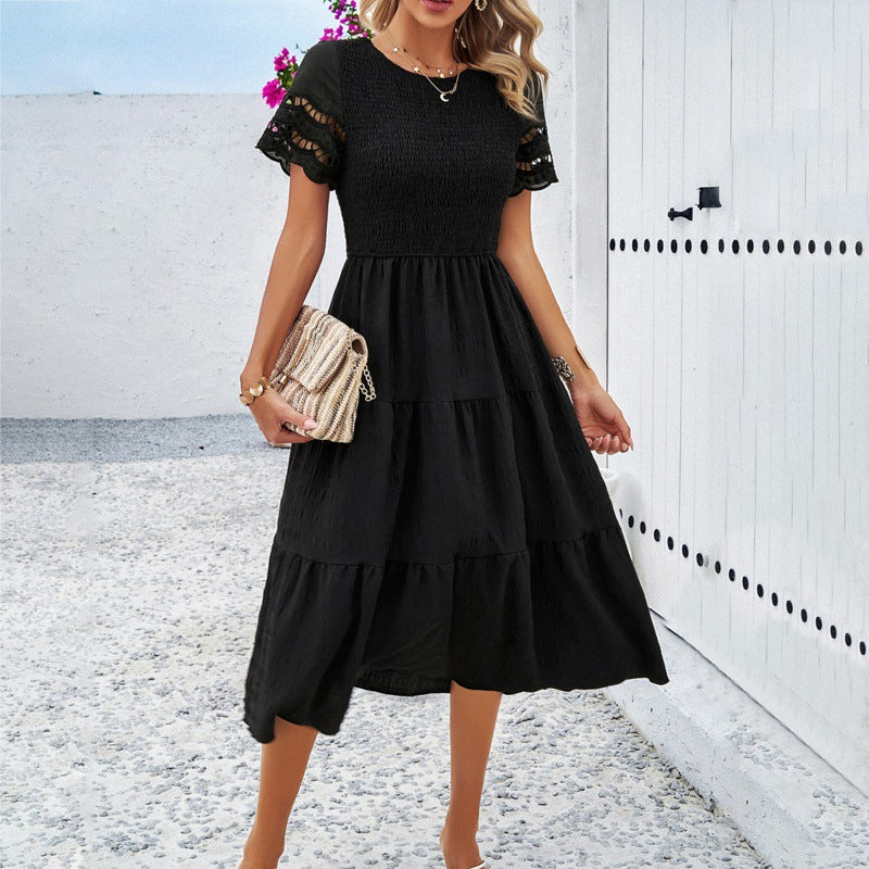 Ruched Solid Short Sleeve A Line Maxi Dress
