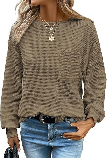 Waffle Knit Long Sleeve Top with Pocket