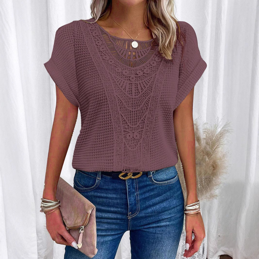 Floral Lace Trim V-neck Short Sleeve Blouse