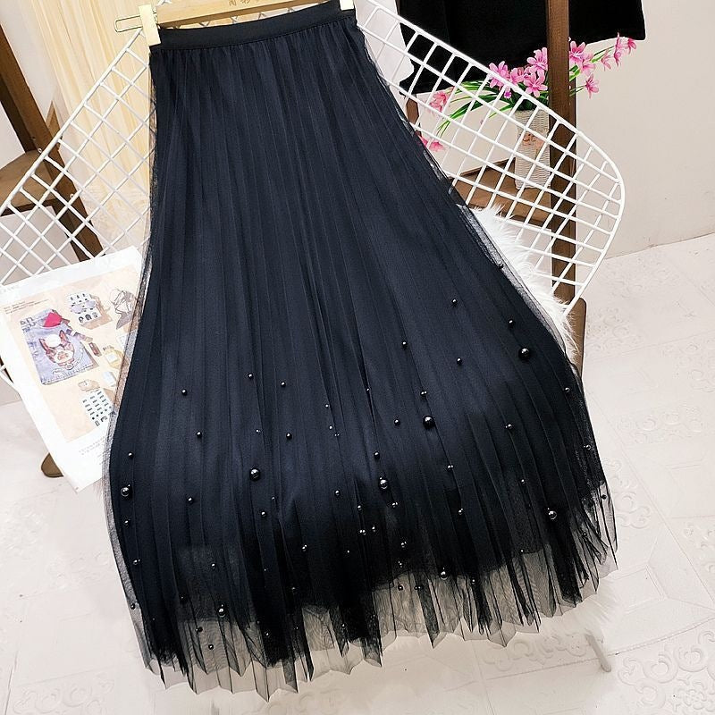Beaded Mesh Pleated Midi Skirt