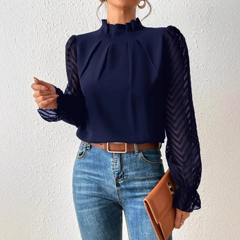 Chevron Sleeve Pleated Collar Blouse