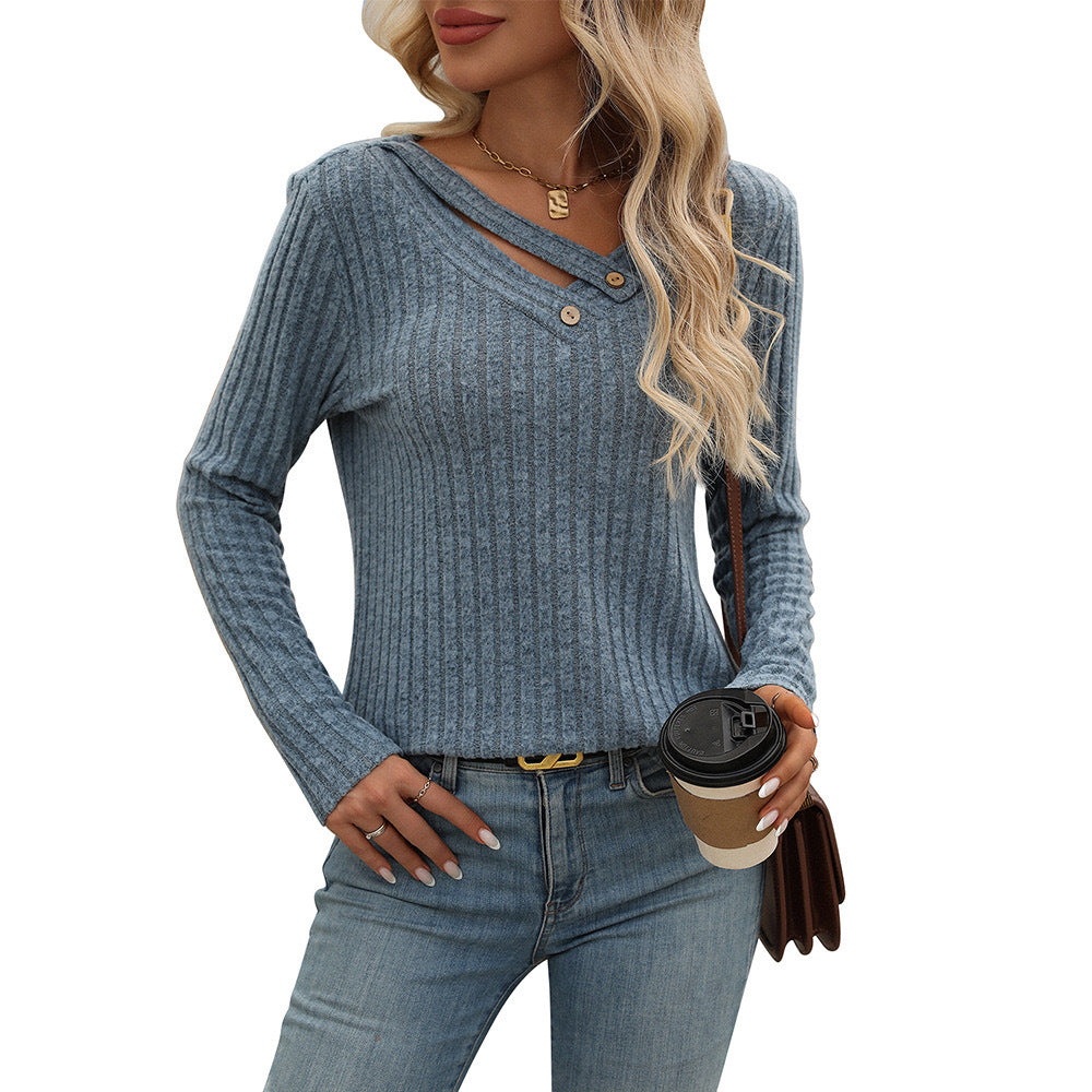 Relaxed Fit V-Neck Button Ribbed Top