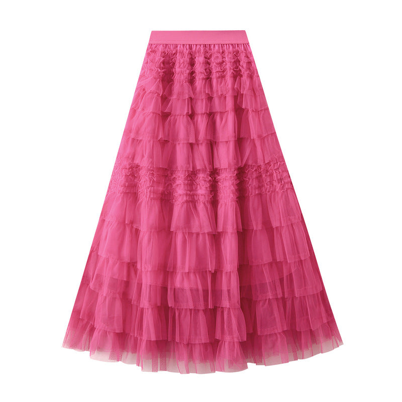 High Waist Layered Mesh A-Line Maxi Skirt
