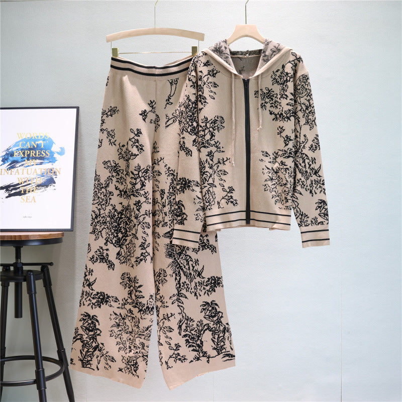Hooded Knit Top and Wide-Leg Pants Set