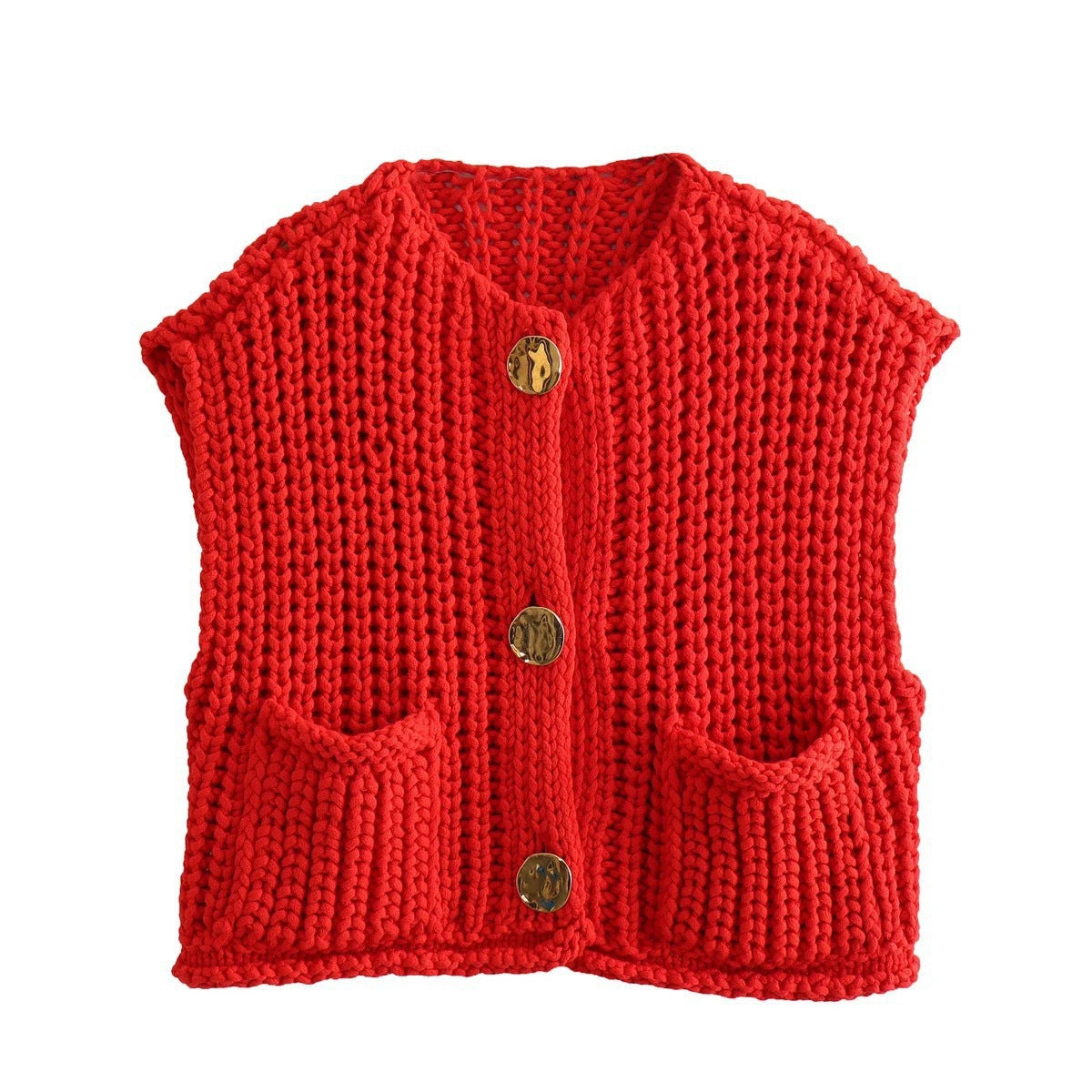 V-Neck Button Front Knitted Vest with Pockets