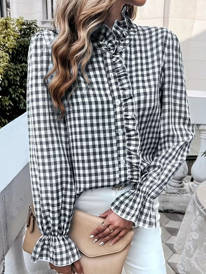 Ruffle Collar Plaid Long Sleeve Shirt