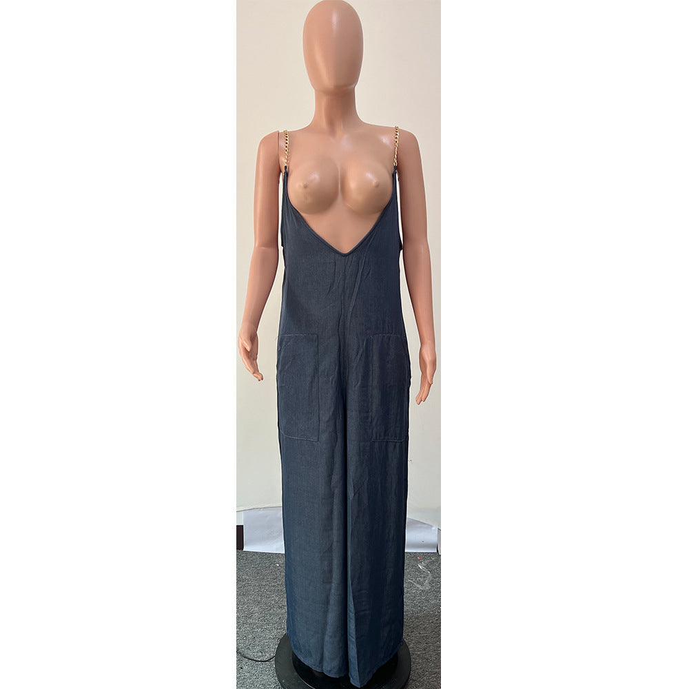 Metal Strap Faux Denim Pocket Jumpsuit