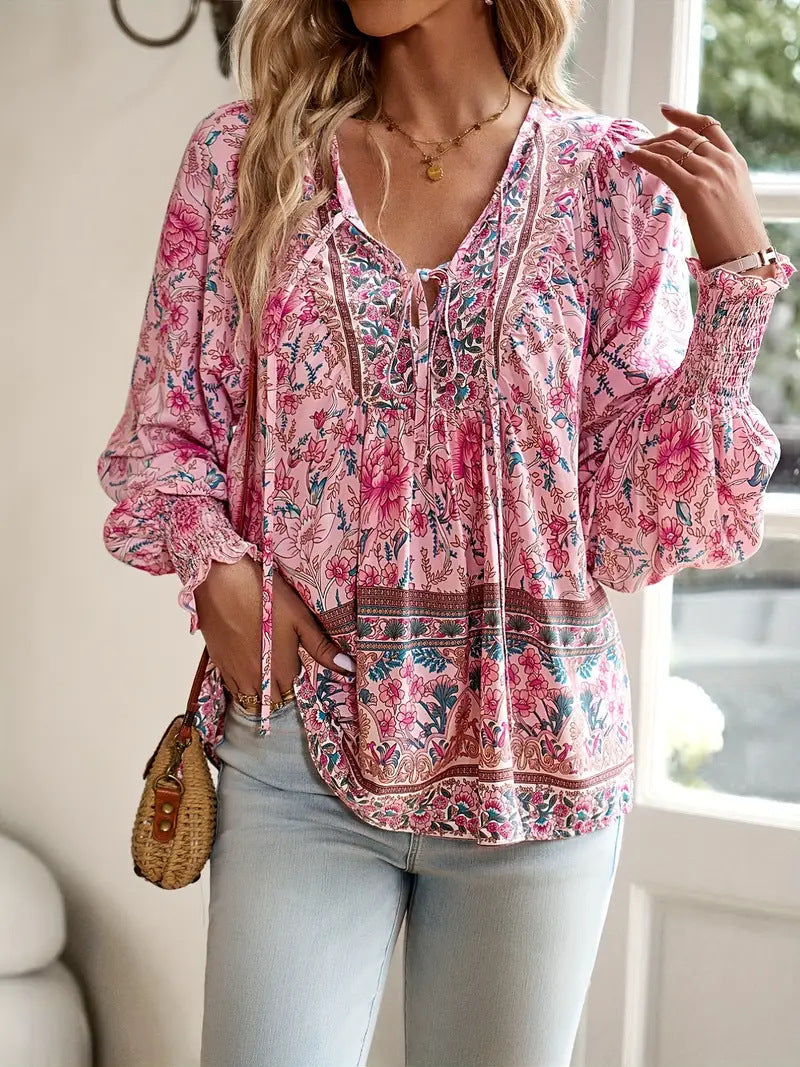 Boho Print V-Neck Tie Blouse