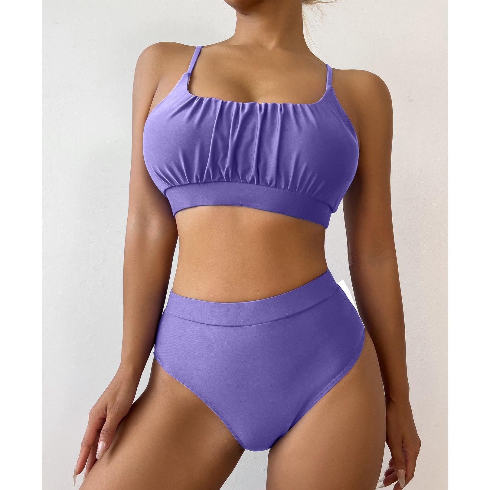 Solid Color High Waist Two Piece Bikini Set