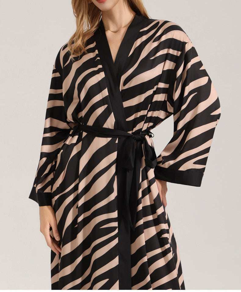 Women Zebra Print Long Sleeve Single Sleep Robe
