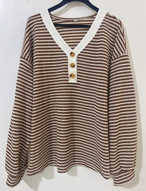 Striped Button-Up V-Neck Top