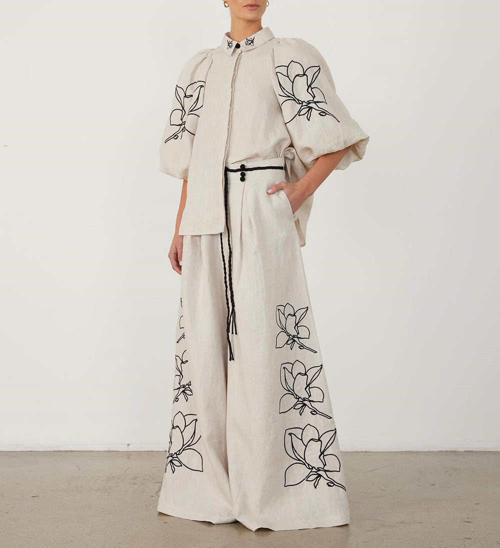 Embroidered Cotton Linen Wide-Leg Set