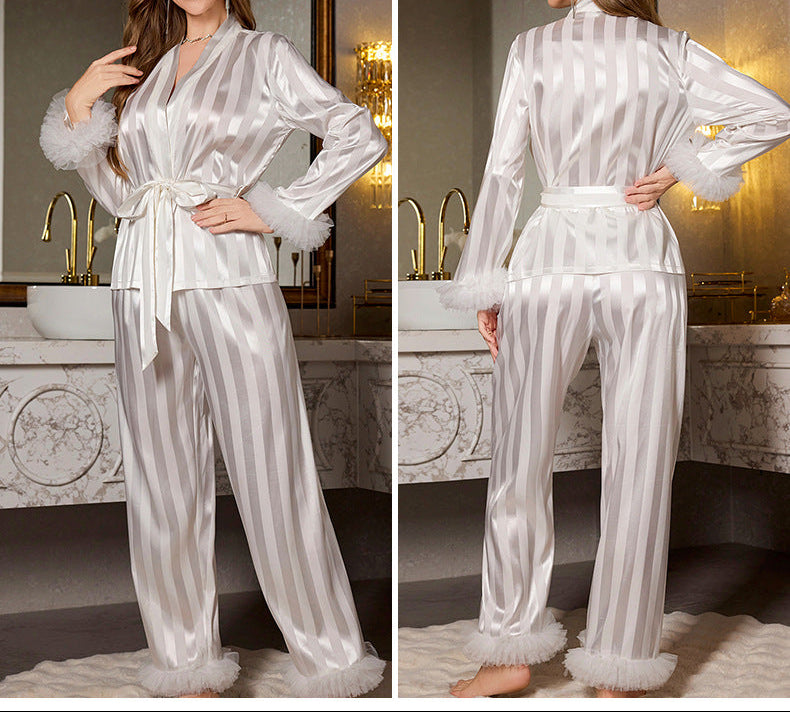Faux Silk Pajama Set Women Long Sleeve Loungewear