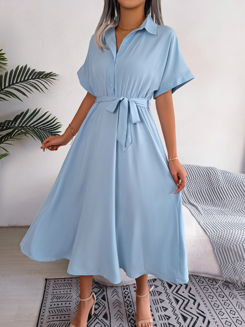 Loose Solid Tie Waist Shirt Dress