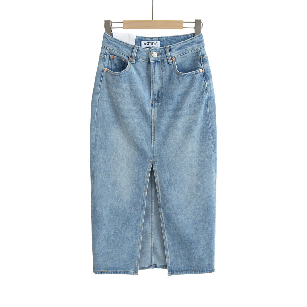 Front Slit Stretch Denim Midi Skirt