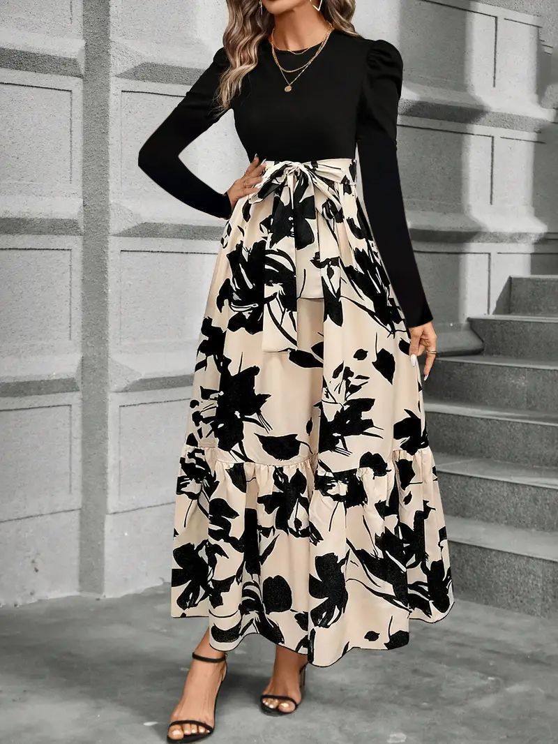 Floral Print Long Sleeve Dress with Belted Waist