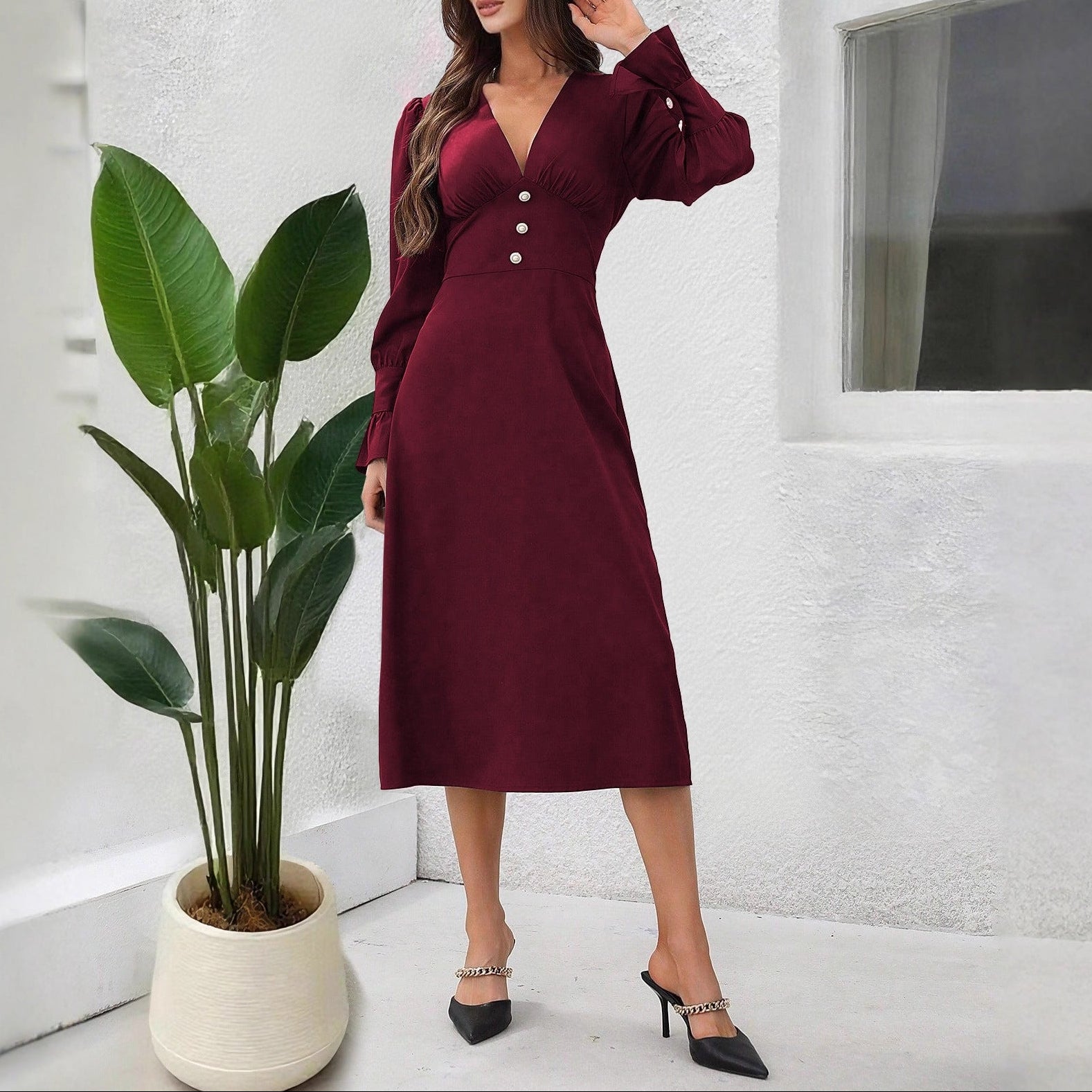 V-Neck Button Detail Long Sleeve Dress