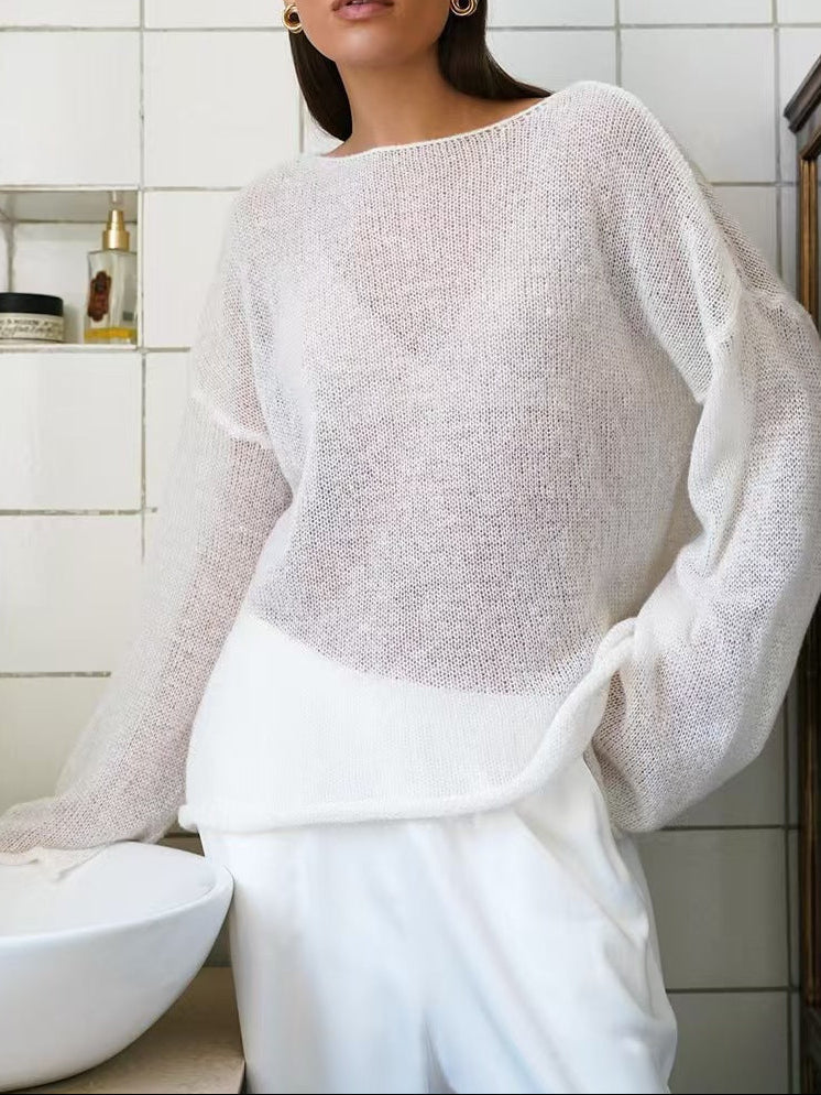 Sheer Hollow Knit Crew Neck Sweater