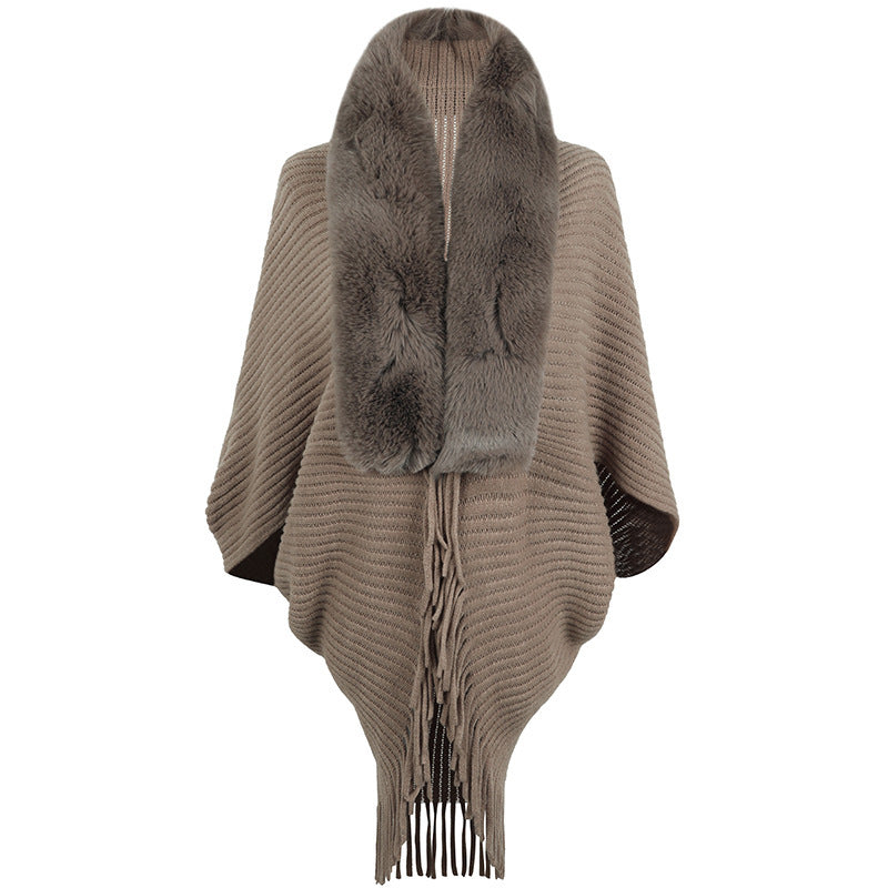 Faux Fur Trim Fringe Knit Cape