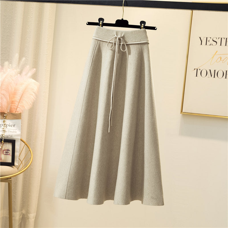 High-Waist Pleated Knit A-Line Skirt