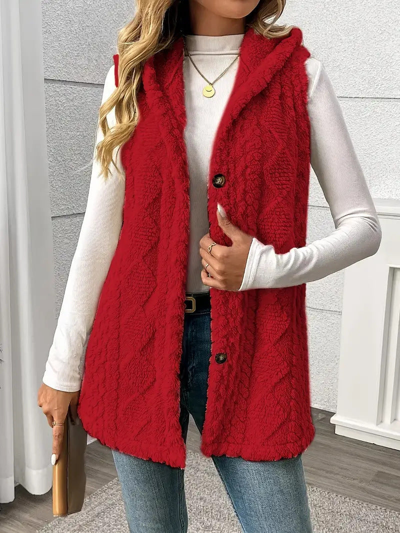 Double Sided Plush Hooded Button Front Vest for Women