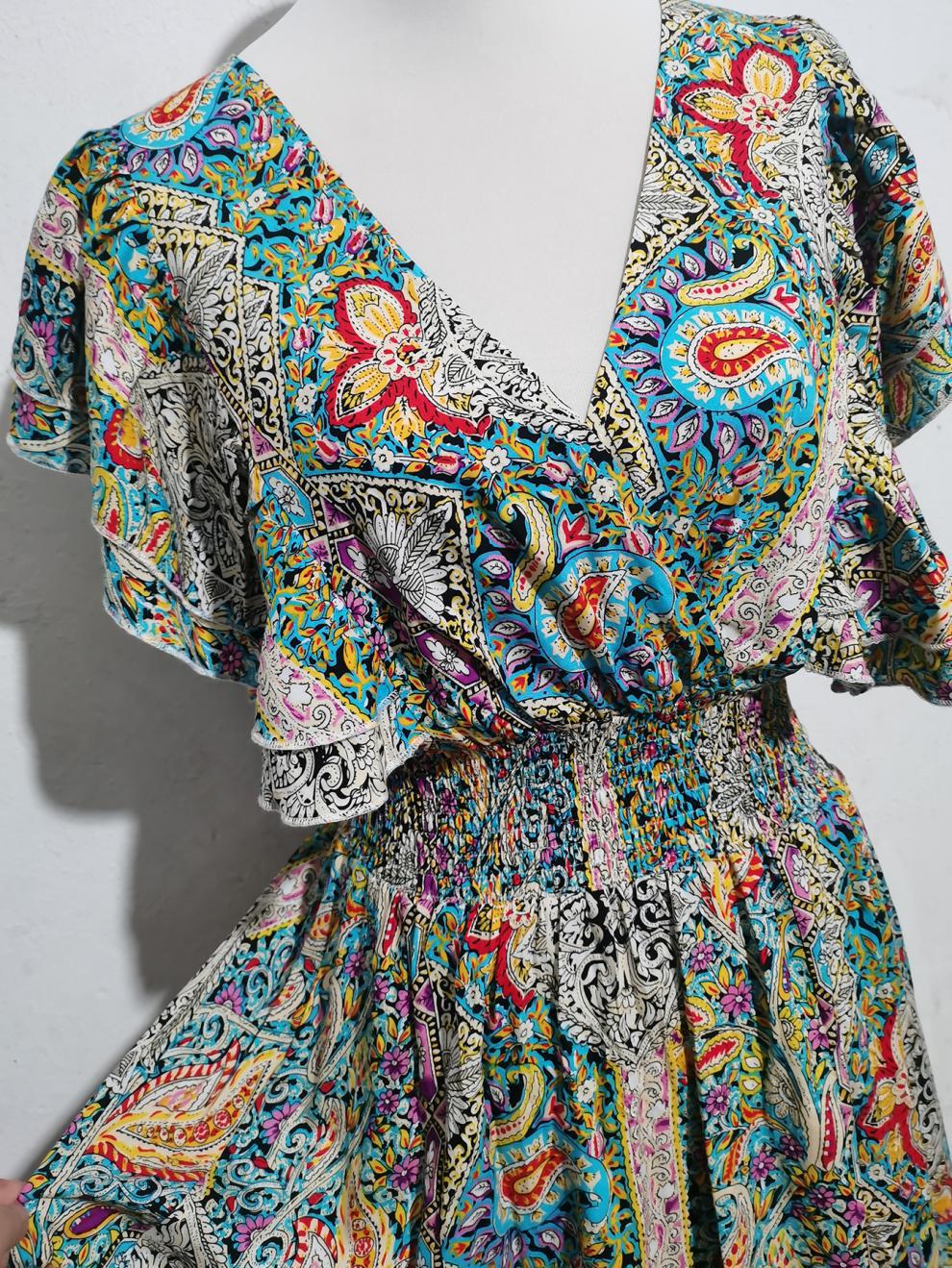 Women's Boho V-Neck Backless Ruffle Print Maxi Dress