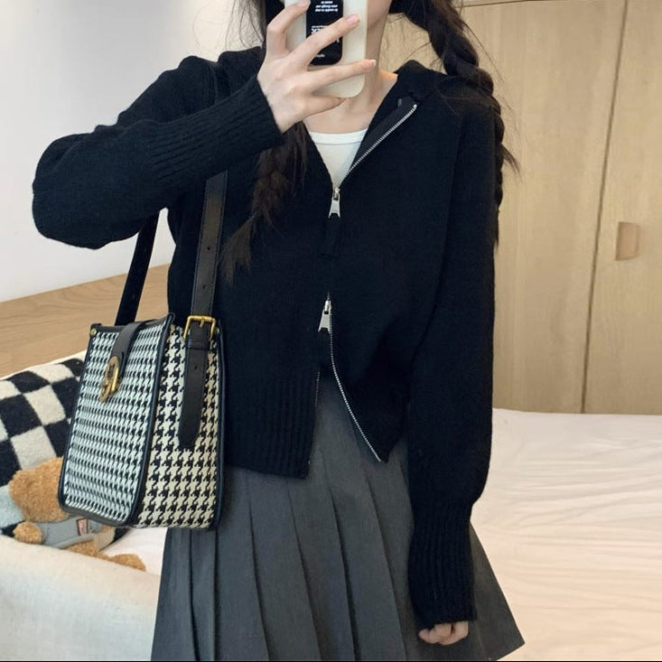Cropped Double-Zip Hooded Knit Jacket