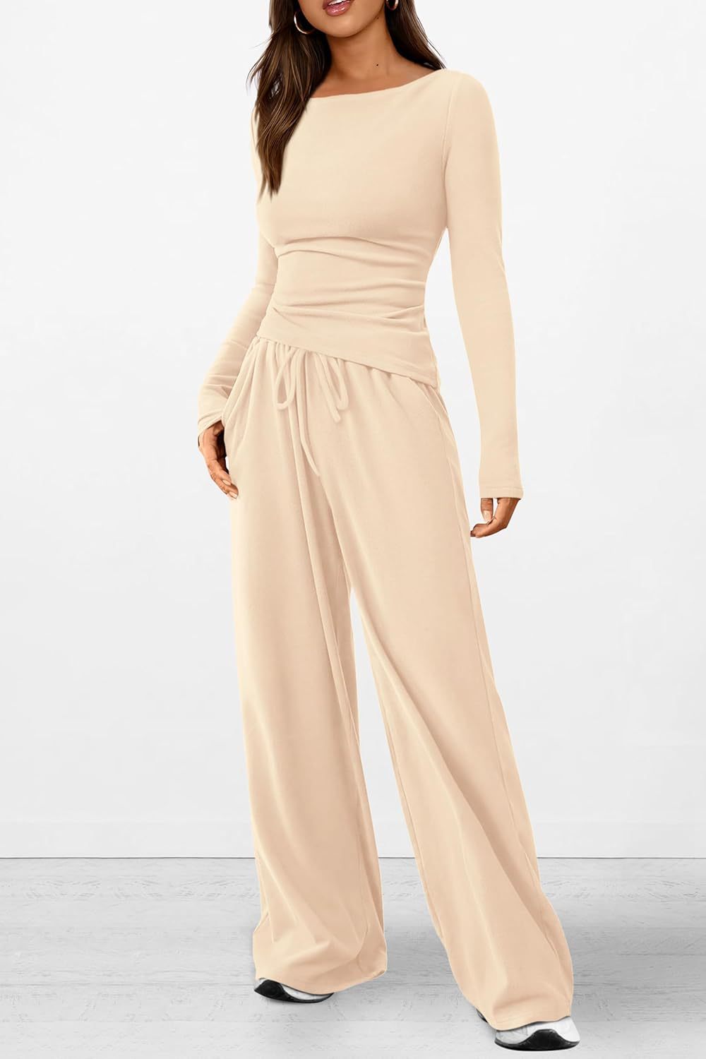 Asymmetric Long Sleeve Top and Wide Leg Pants Set