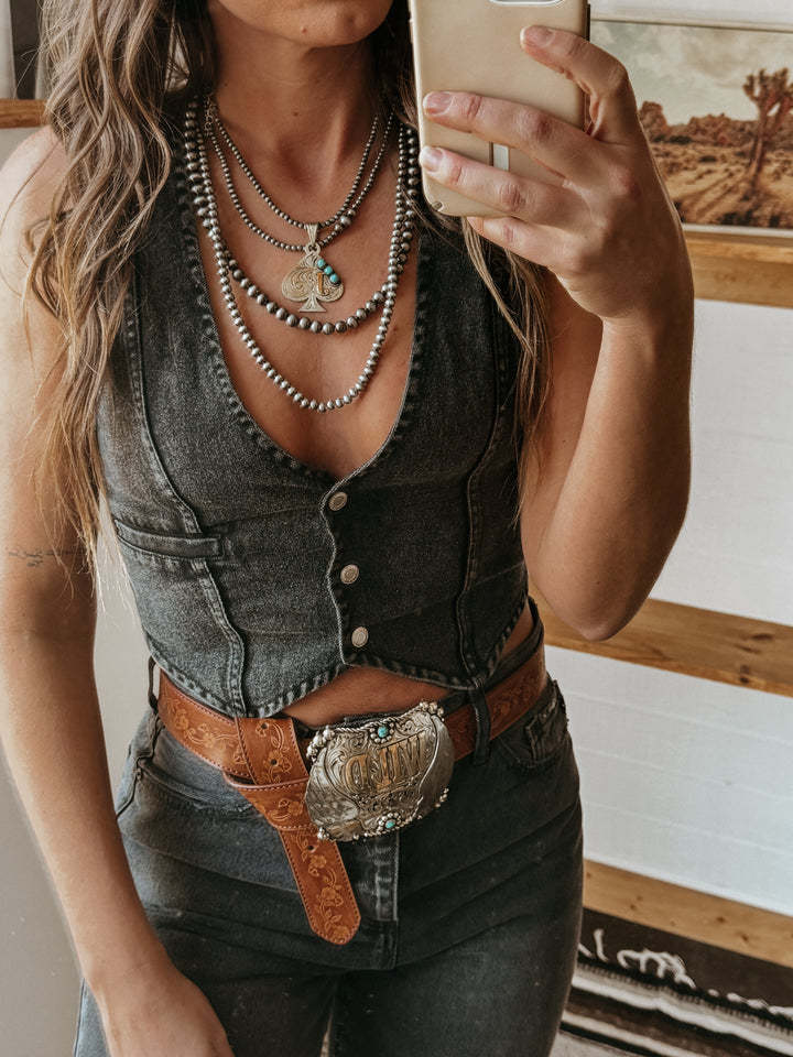 V Neck Button Front Denim Sleeveless Vest