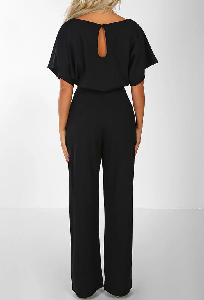 Button Tie Short Sleeve Straight Leg Jumpsuit
