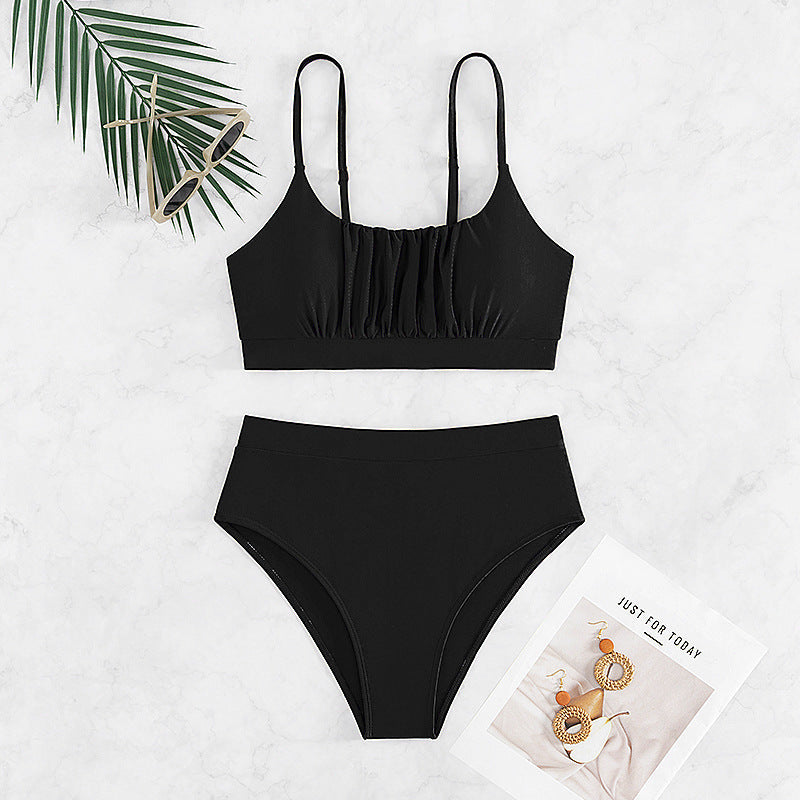 Solid Color High Waist Two Piece Bikini Set