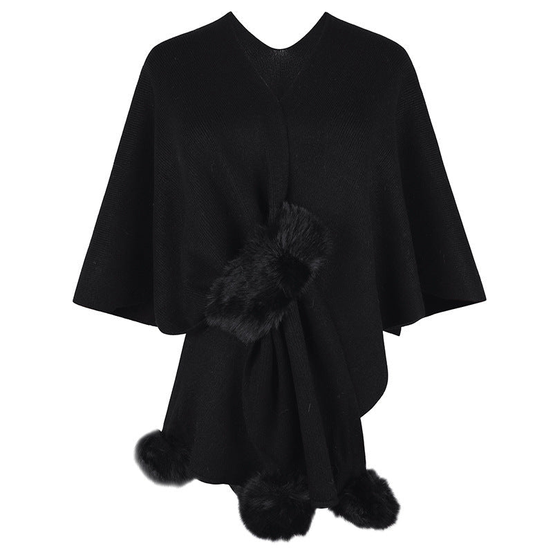 Pom Pom Knit Cape Sweater Shawl Cardigan for Women