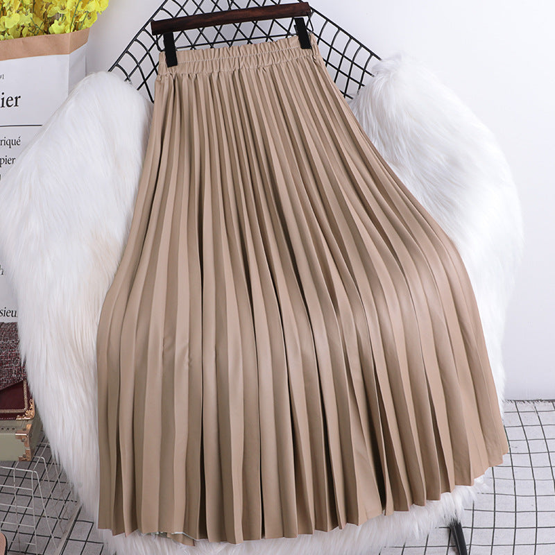 High-Waist Pleated A-Line PU Leather Skirt