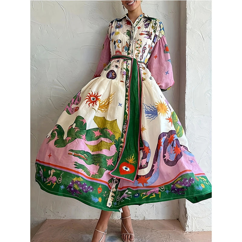 Printed Long Sleeve Flowy Maxi Dress