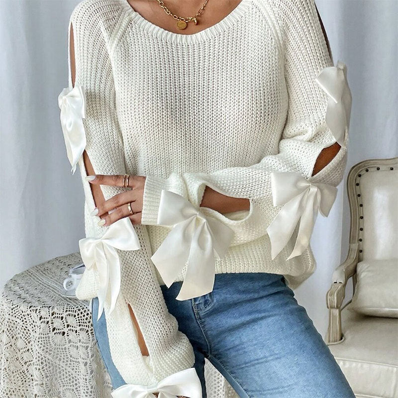 Bow Decor Round Neck Knit Sweater
