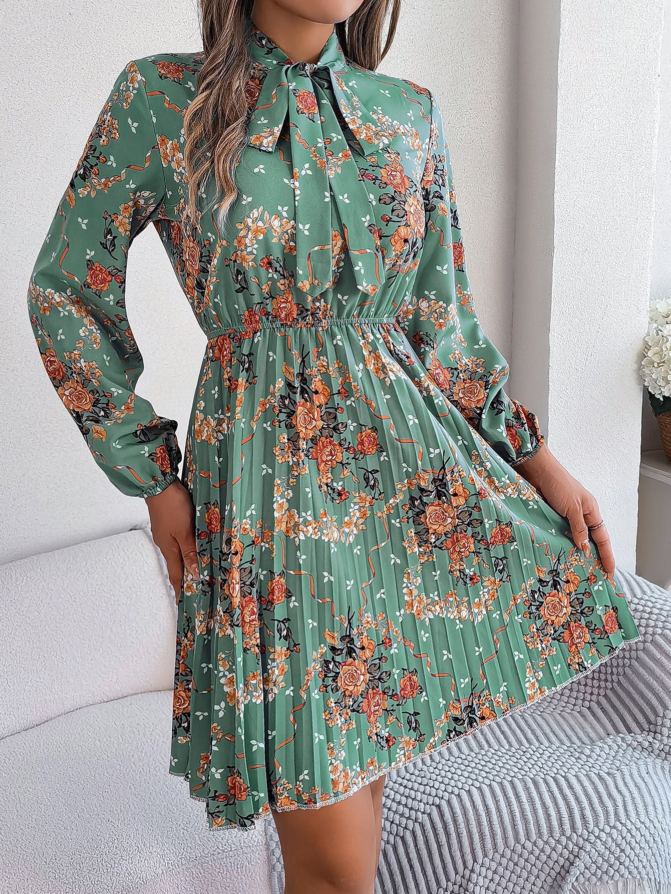 Floral Tie Waist Pleated Long Sleeve Dress