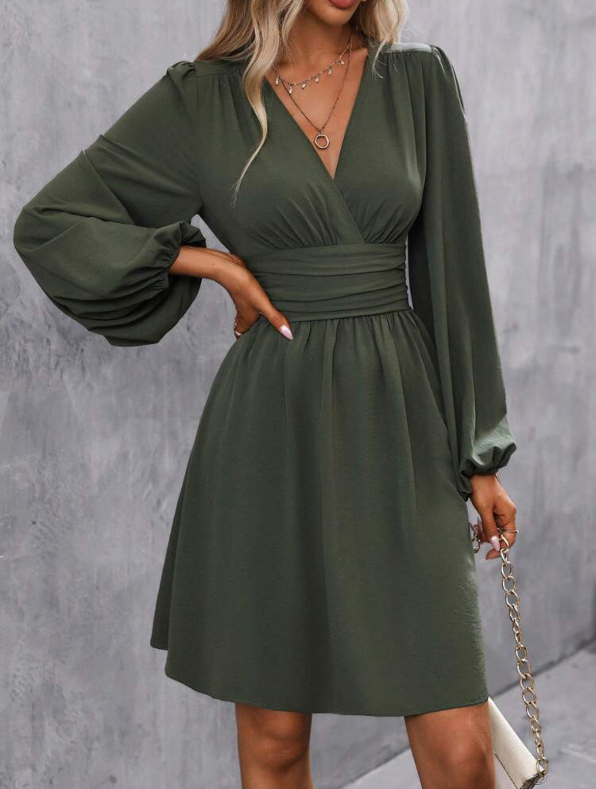 V-Neck Puff Sleeve A-Line Dress