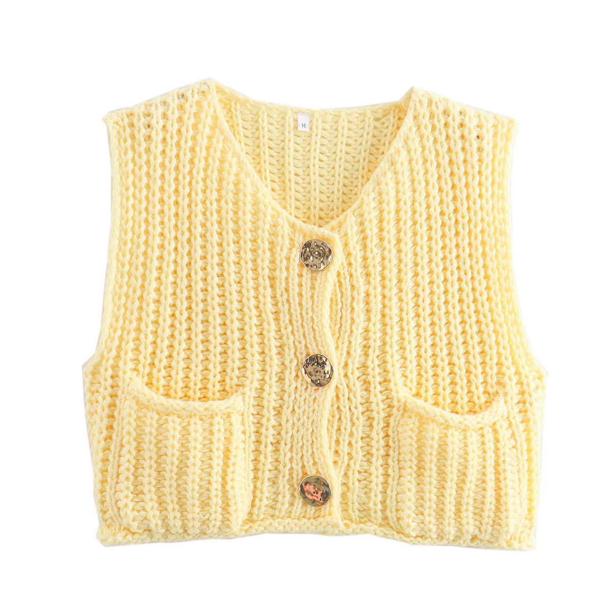V-Neck Button Front Knitted Vest with Pockets
