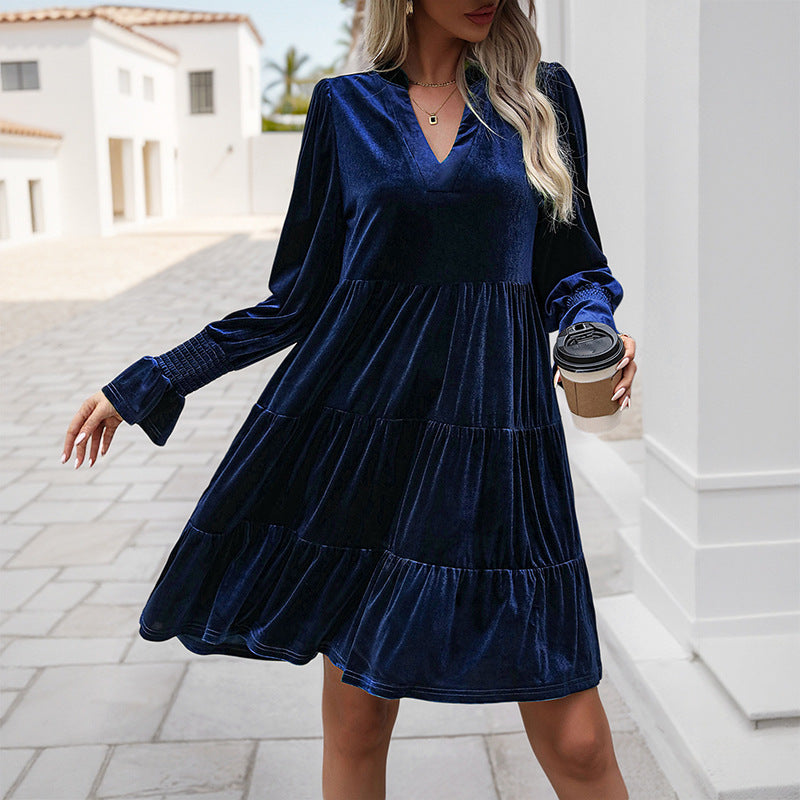 Velvet V-Neck Tiered Dress with Long Sleeves