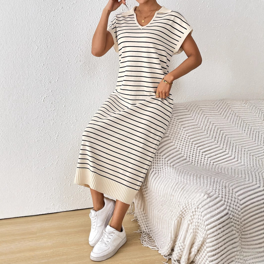 Striped V-Neck Casual Knit Dress