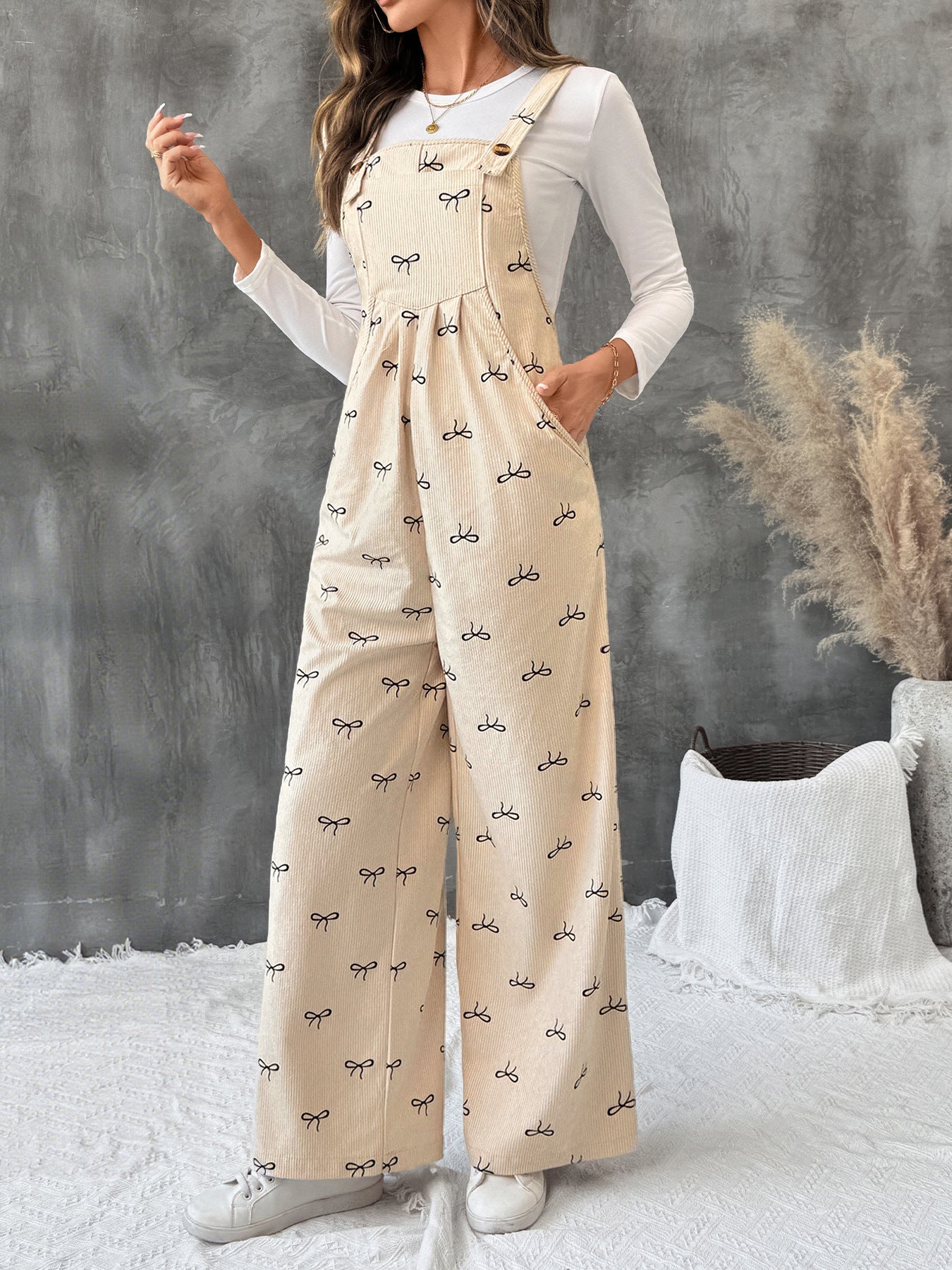 Bow Detail Corduroy Spaghetti Strap Jumpsuit