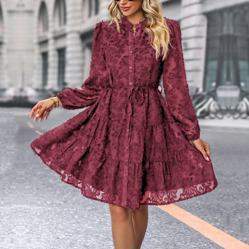 Lace Floral Button-Down Dress with Tie Waist
