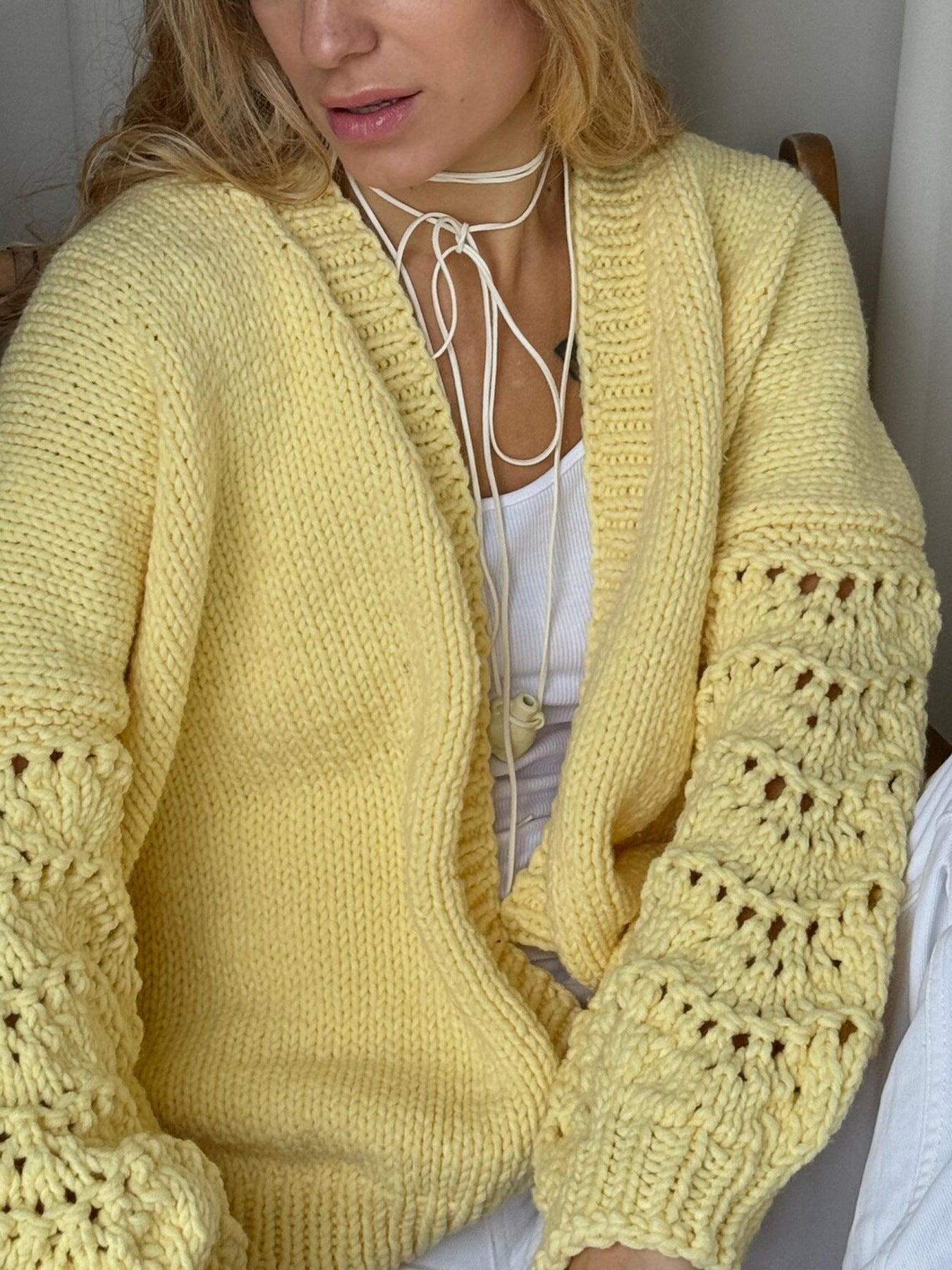 Solid V-Neck Lantern Sleeve Knit Cardigan