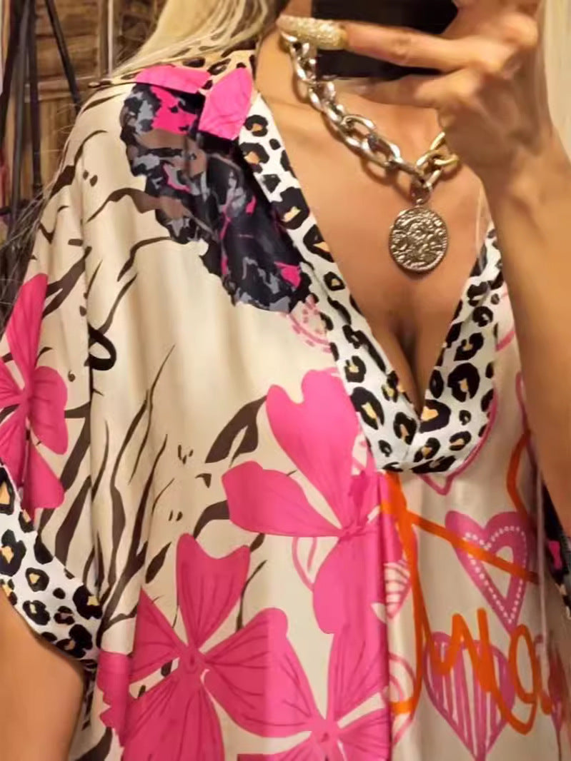 Casual Leopard Print Deep V-Neck Dress