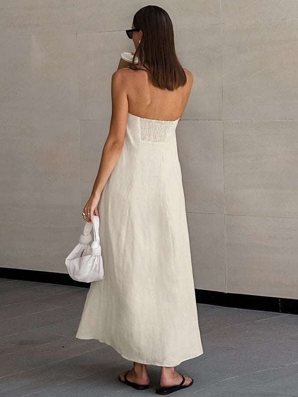 French Style Strapless Backless Linen Maxi Dress