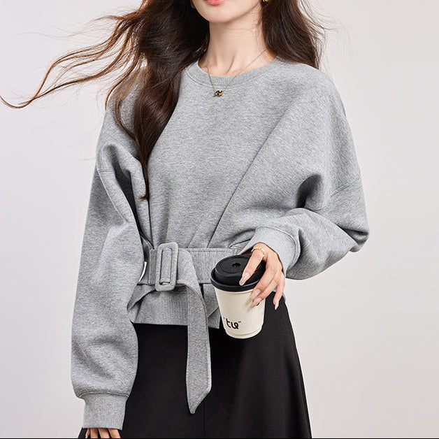 Belted Batwing Cropped Sweatshirt